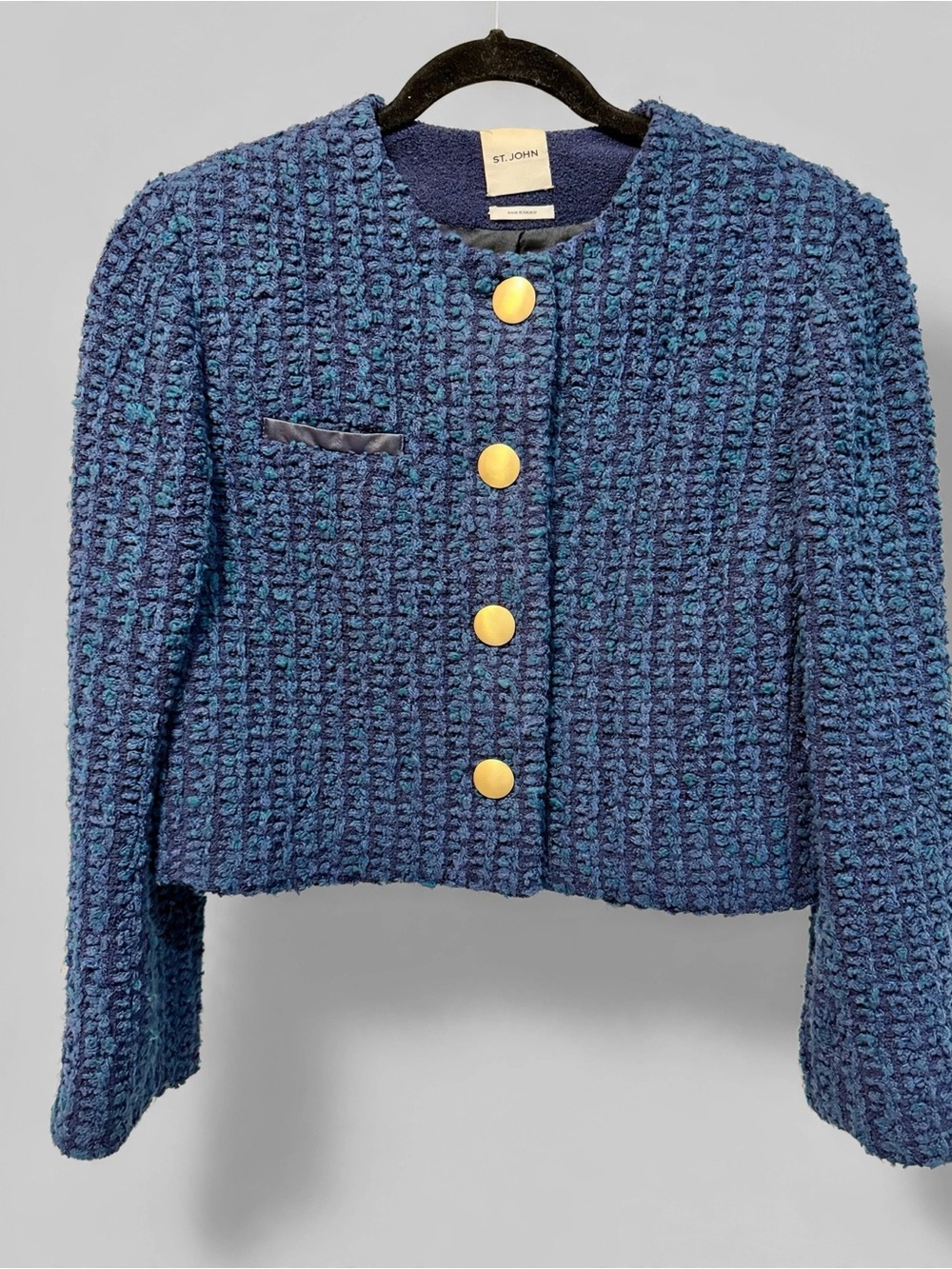 St. John Collection Navy Textured Knit Dress & Jacket Set Gold Buttons Size 10 - Picture 2 of 7
